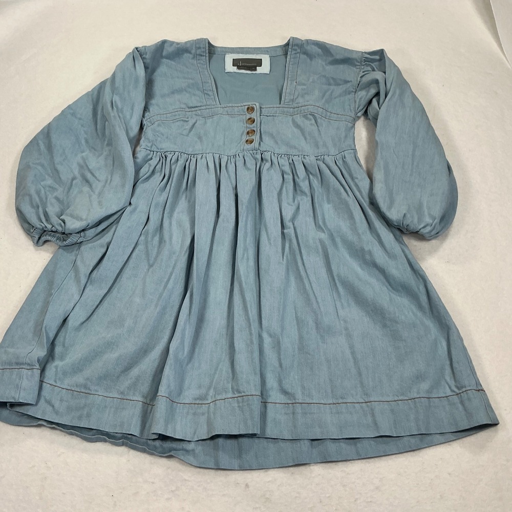 Anthropologie Light Wash Denim Babydoll Mini Dress Square Neck Balloon Sleeve XS